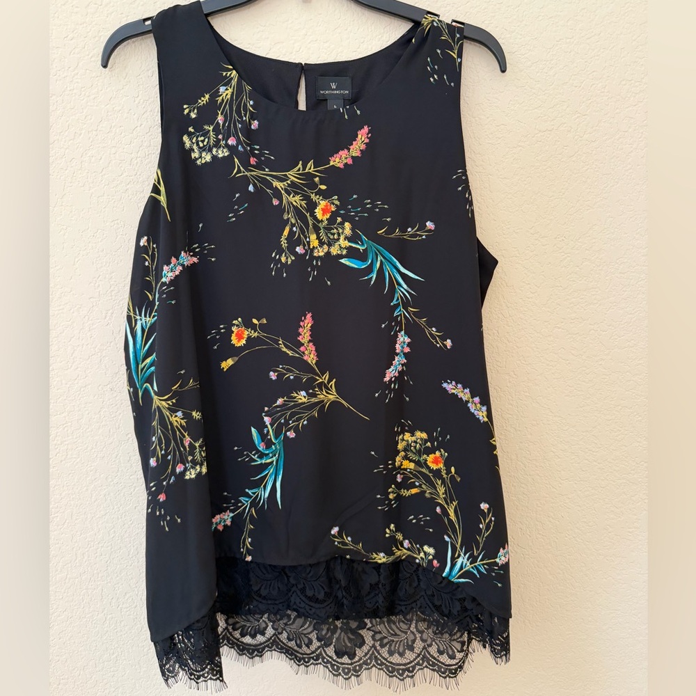 Worthington Black Floral Print Lace-Hem Sleeveless Camisole